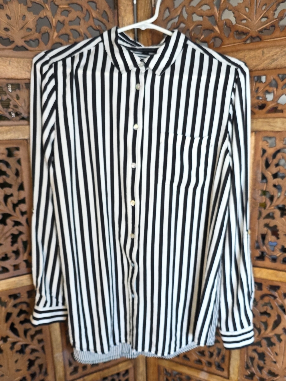 Jane and Delancey Black and White Vertical Stripe Button-Down Shirt